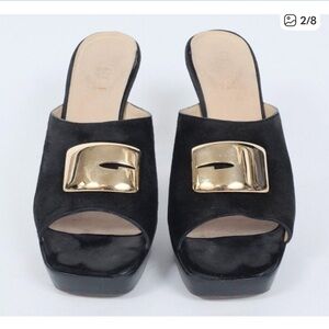 Vintage Tom Ford Era Gucci Black Suede Platform Mules Gold G Logo – 7.5B (1996)